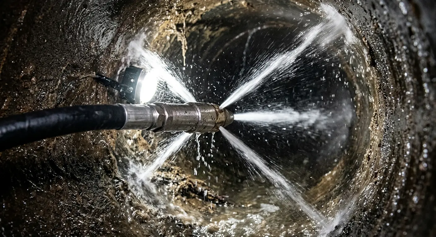 High-pressure hydro jetting nozzle cleaning sewer pipe for Storm Drain Cleaning in St. Michael