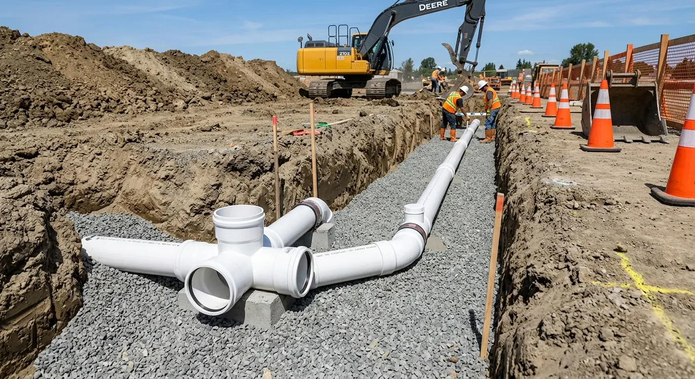 New PVC sewer pipe installation in open trench for Sewer Backup in St. Michael