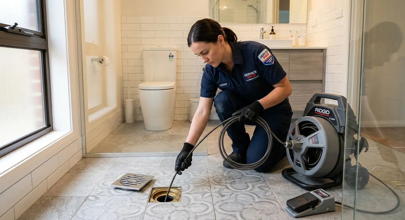 Technician clearing a bathroom floor drain for Sewer Line Installation in St. Michael